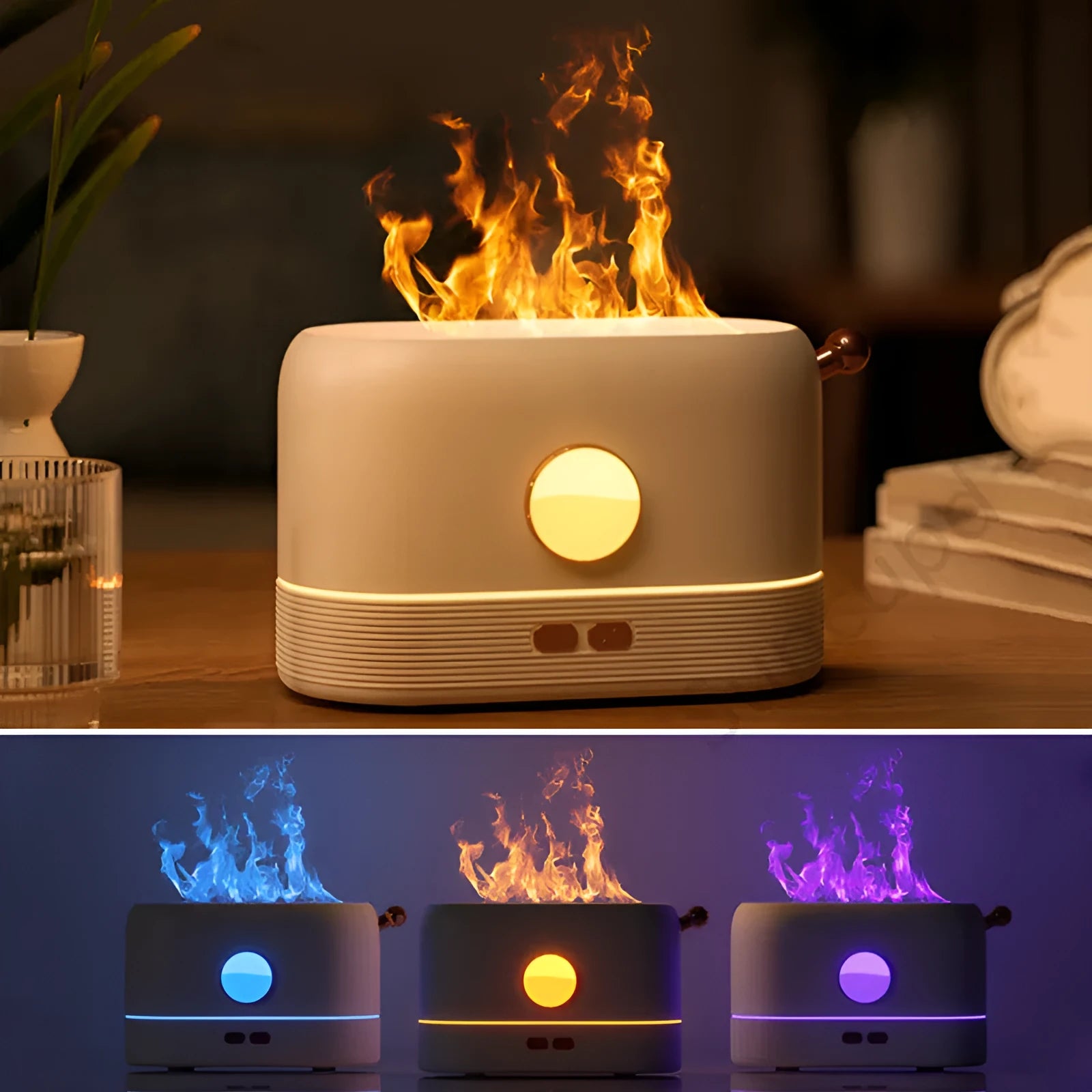 Black USB desktop humidifier diffuser with simulation flame effect and water tank