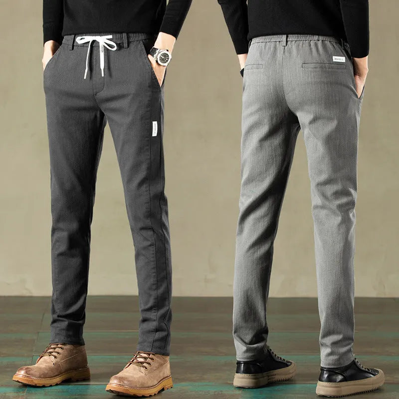 Loose straight cotton casual pants in solid colour with mid waist drawstring, sizes 28-38