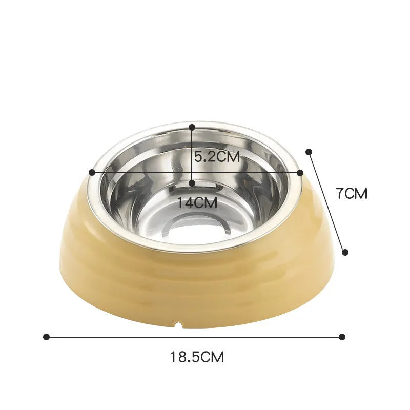 Stainless steel cat bowl on plastic base in light green, brown, or beige colour options