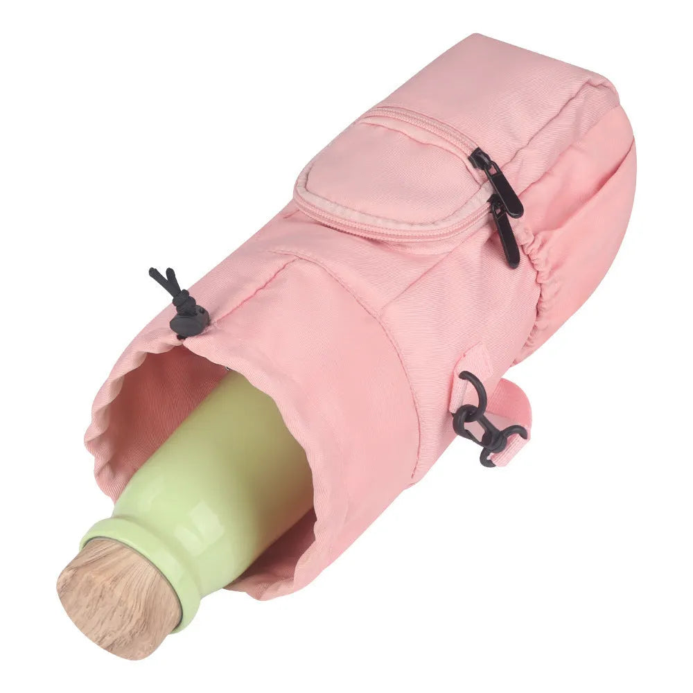 Cloth water bottle shoulder bag in black, green, or pink colours with a drawstring closure.