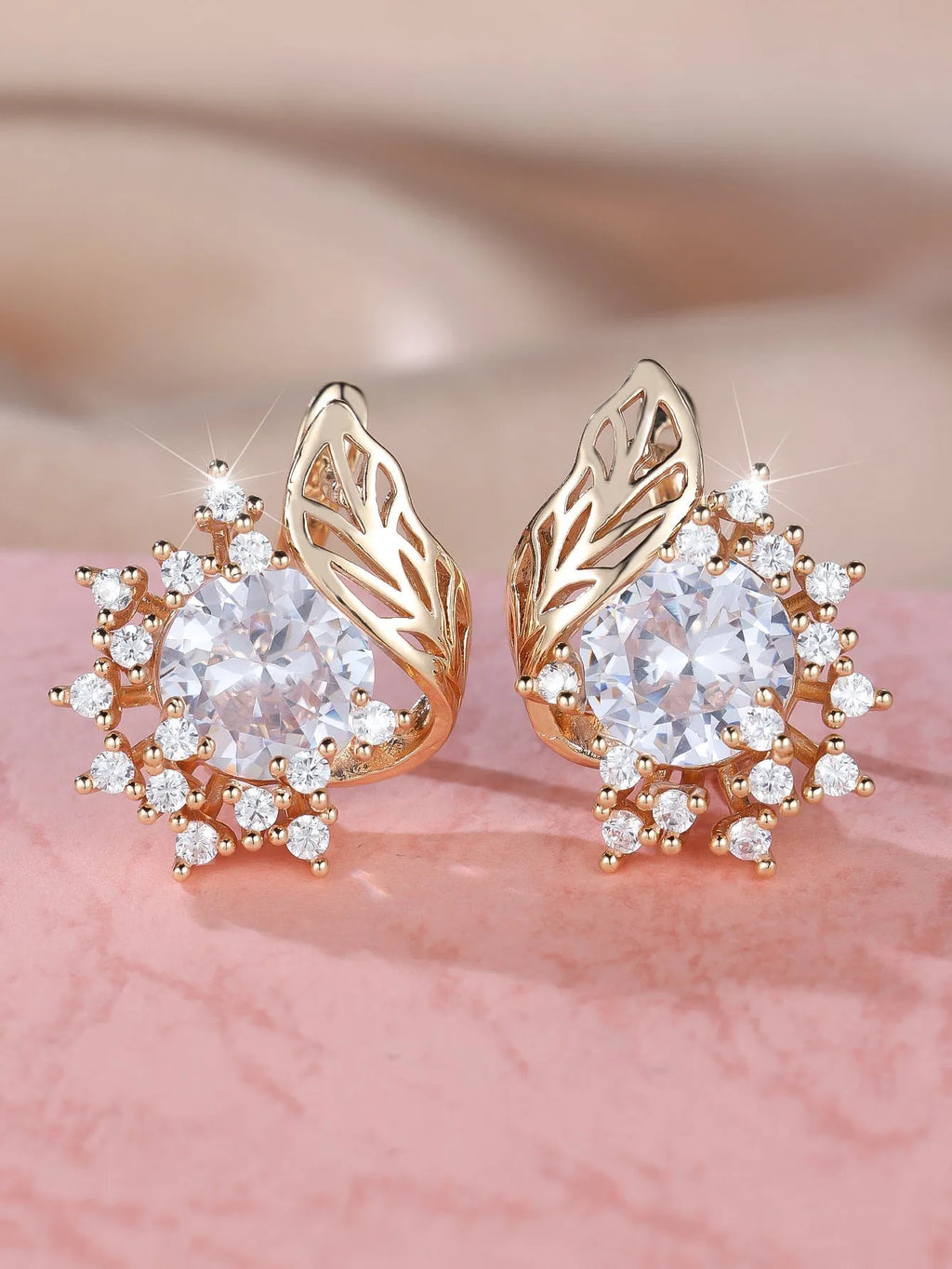 Round flower feather zircon earrings in champagne gold with coloured diamond options
