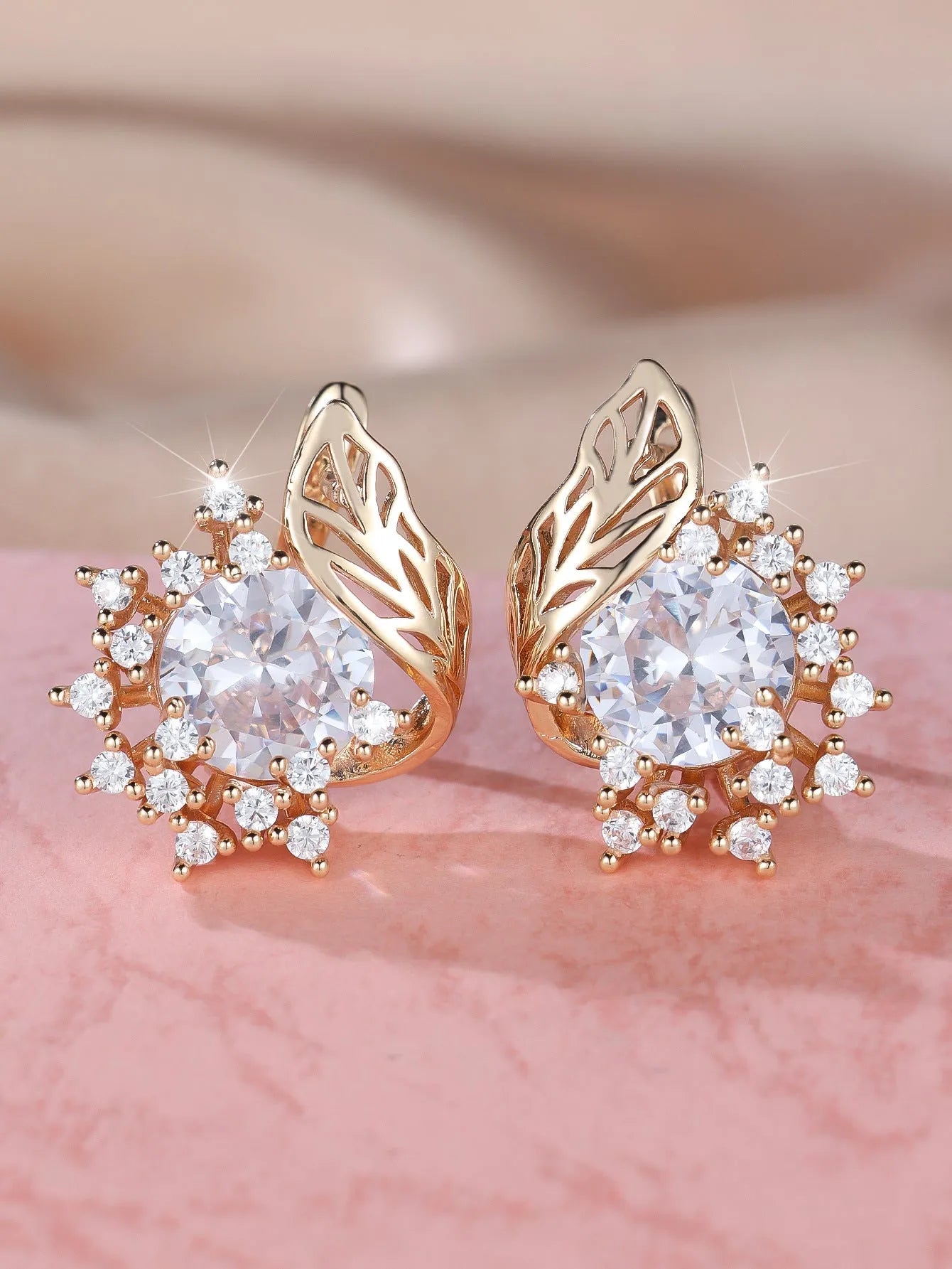 Round flower feather zircon earrings in champagne gold with coloured diamond options