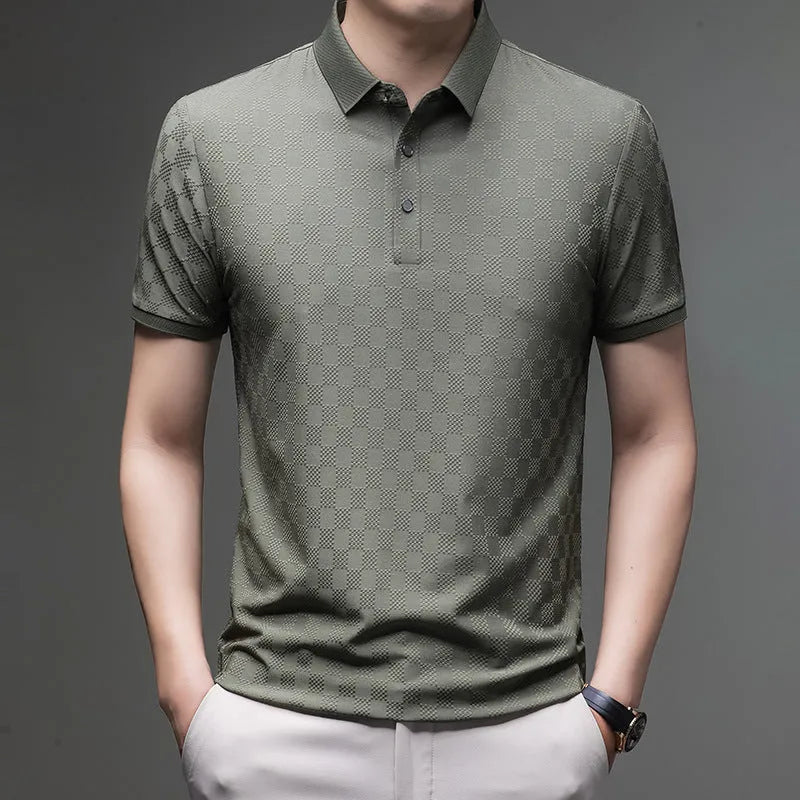 Men's black rhombus pattern short sleeve T-shirt with a slit hem, made from thin Chemical Fiber blend fabric.