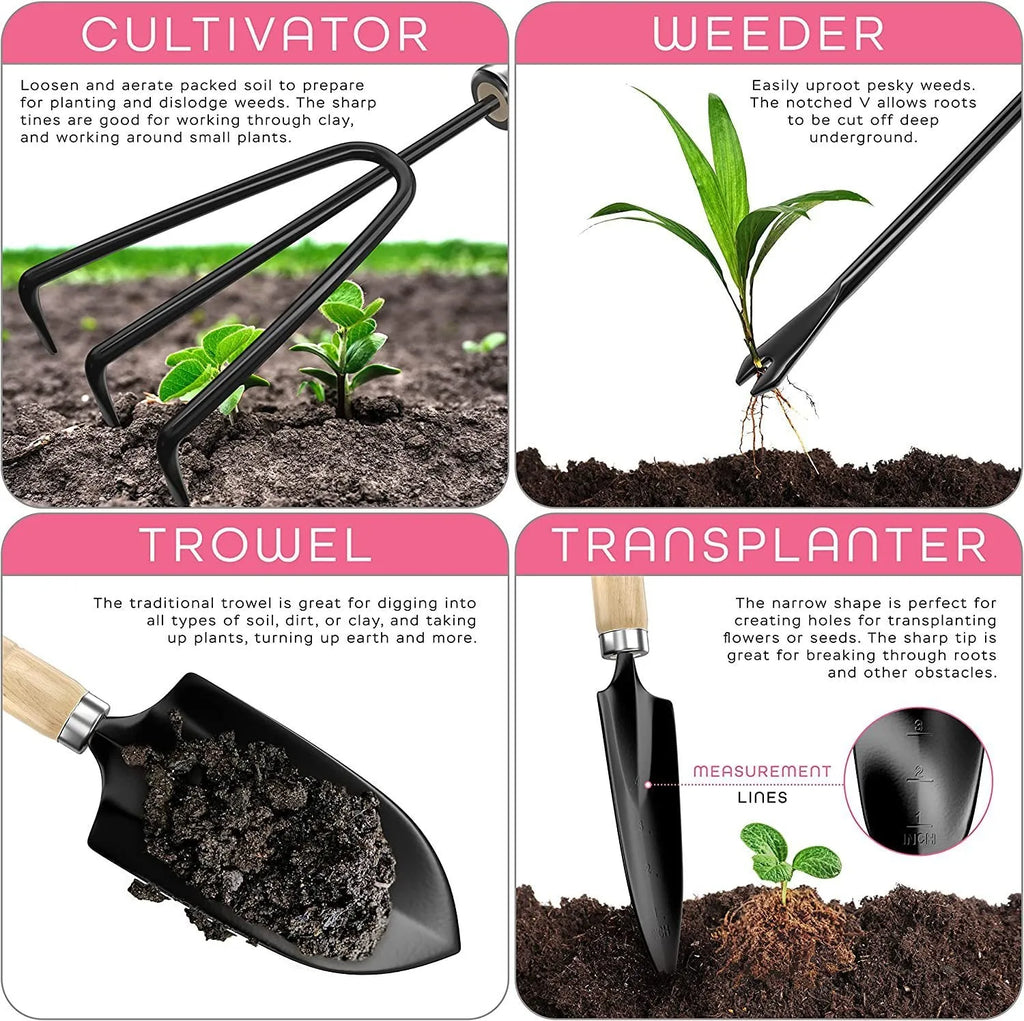 8-piece stainless steel gardening tool set with wooden storage box showing trowel, transplanter, weeder, cultivator, pruner, and digging fork