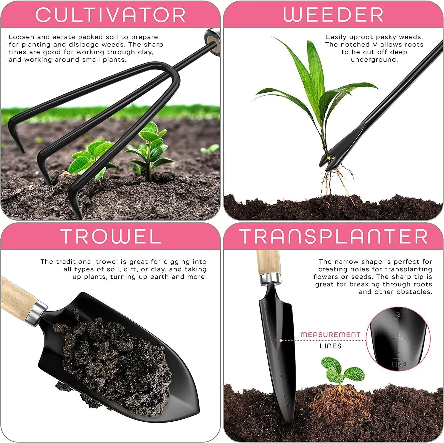 8-piece stainless steel gardening tool set with wooden storage box showing trowel, transplanter, weeder, cultivator, pruner, and digging fork