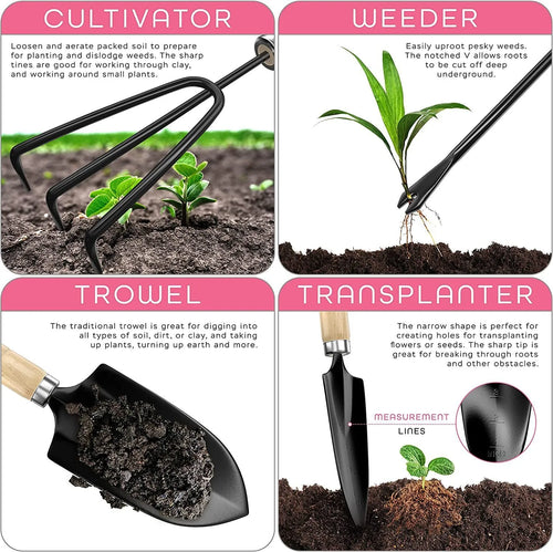 8-piece stainless steel gardening tool set with wooden storage box showing trowel, transplanter, weeder, cultivator, pruner, and digging fork