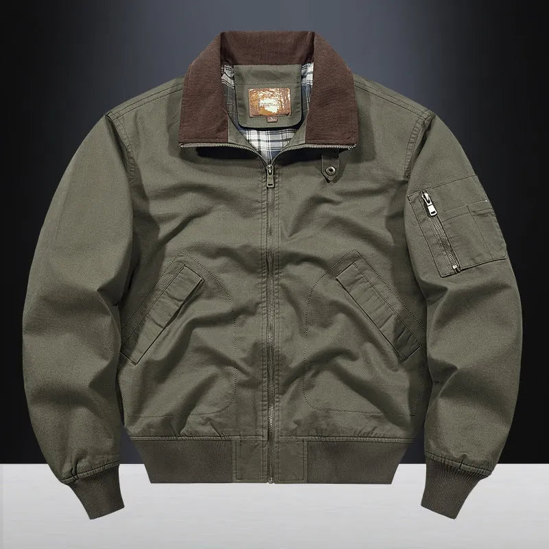 Plus size men's beige washed cotton baseball flight jacket on a hanger