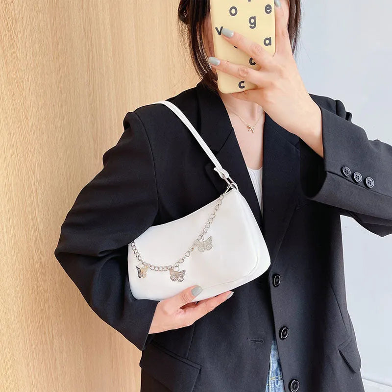 Fashion butterfly chain underarm bag in horizontal square shape with PU material and chain detail