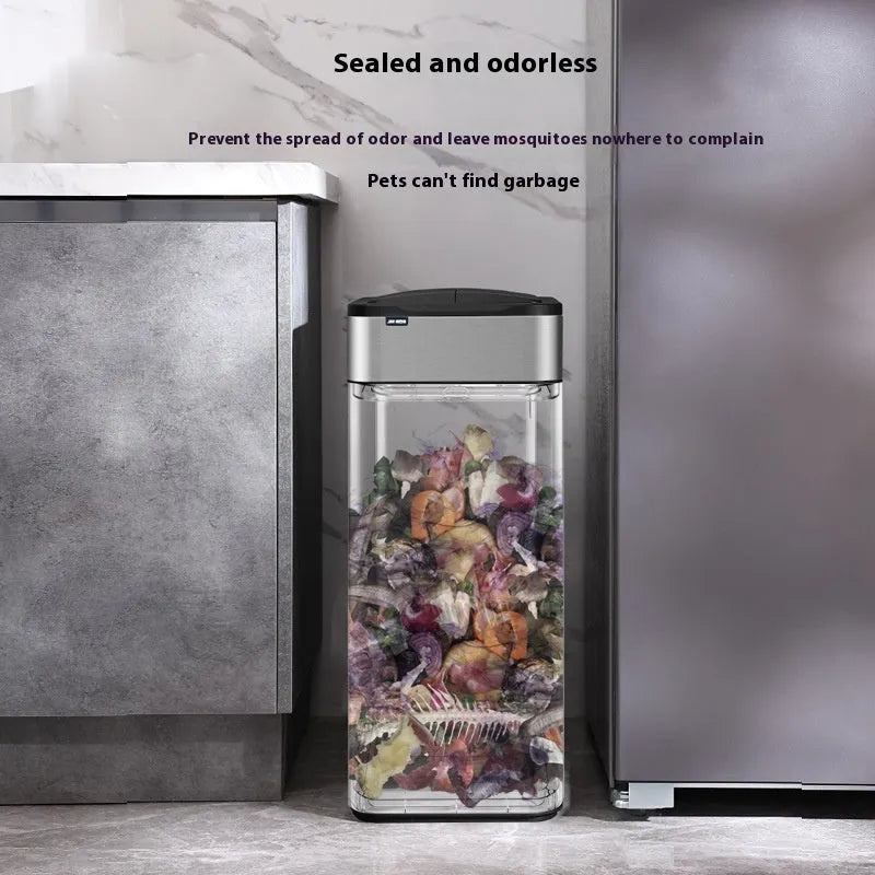 Square stainless steel inductive smart trash can with sensor lid.