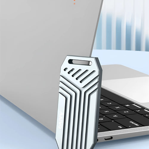 Aluminum USB 4.0 external enclosure for M.2 NVMe SSDs in silver colour showing compact dimensions