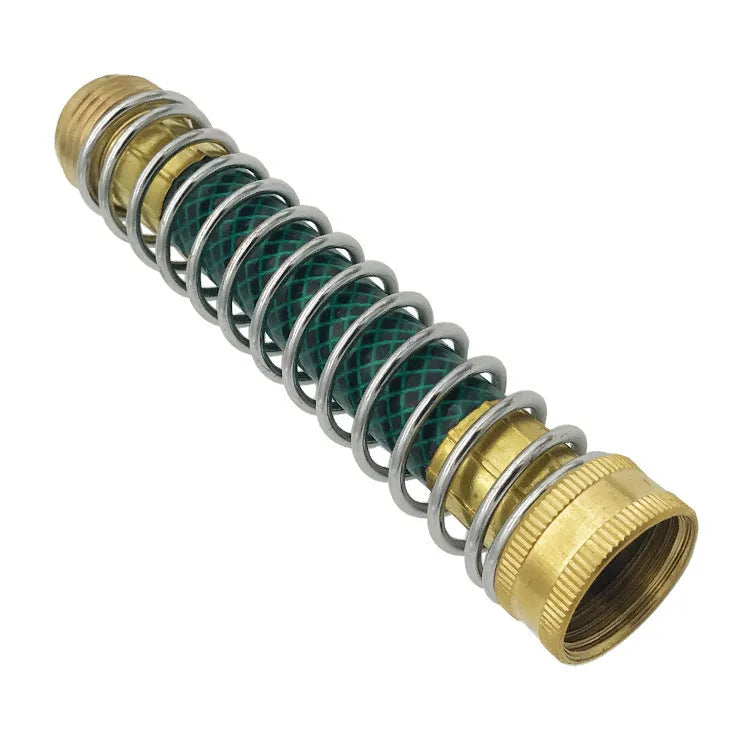 Brass garden hose spring connector with spiral anti-kink mechanism and threaded fittings