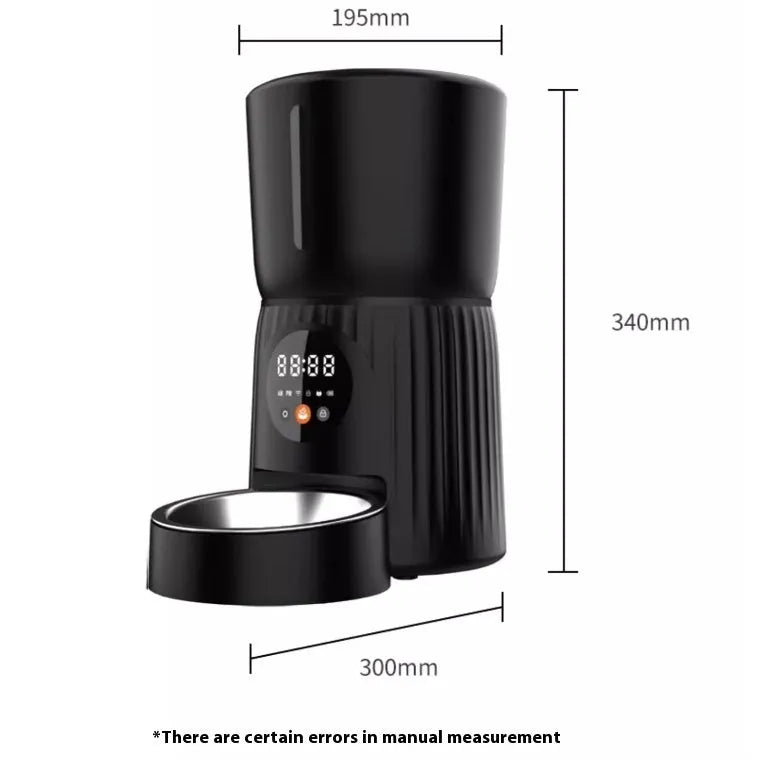 Black and white automatic pet feeder with food storage hopper and USB power connection
