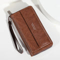 Men's long PU leather wallet in black, brown, and coffee, showing multiple card slots.
