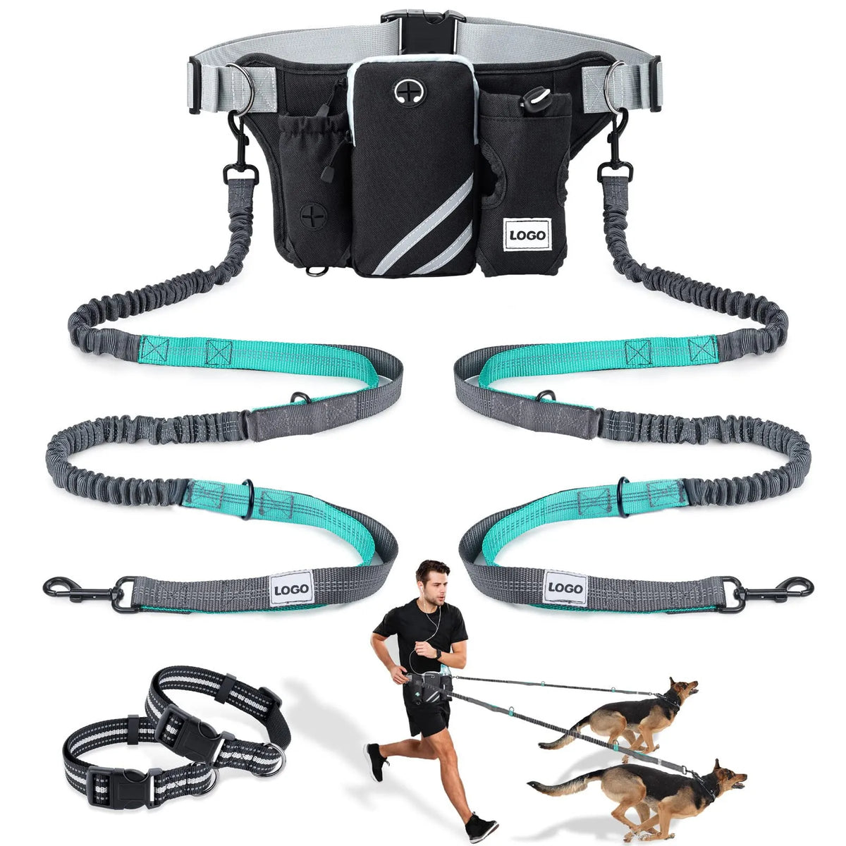 Black nylon dog walking waist bag and leash set for hands-free outdoor use