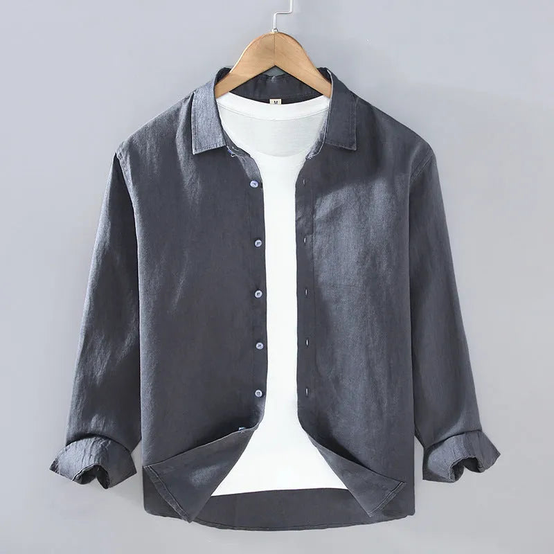 Men's linen shirt in cardigan style with long sleeves, showing solid colour options