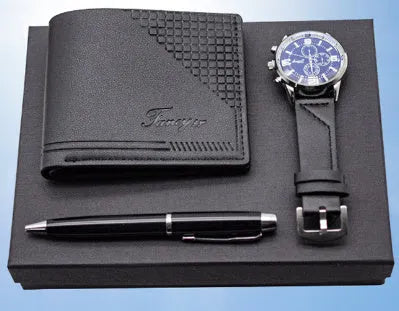 4-piece business gift set containing watch wallet and pen in brown or black gift box