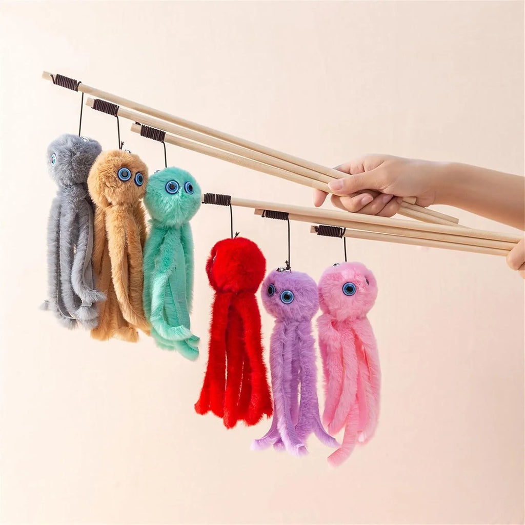 Octopus cat toy with long stick in bright colours for indoor kitten play