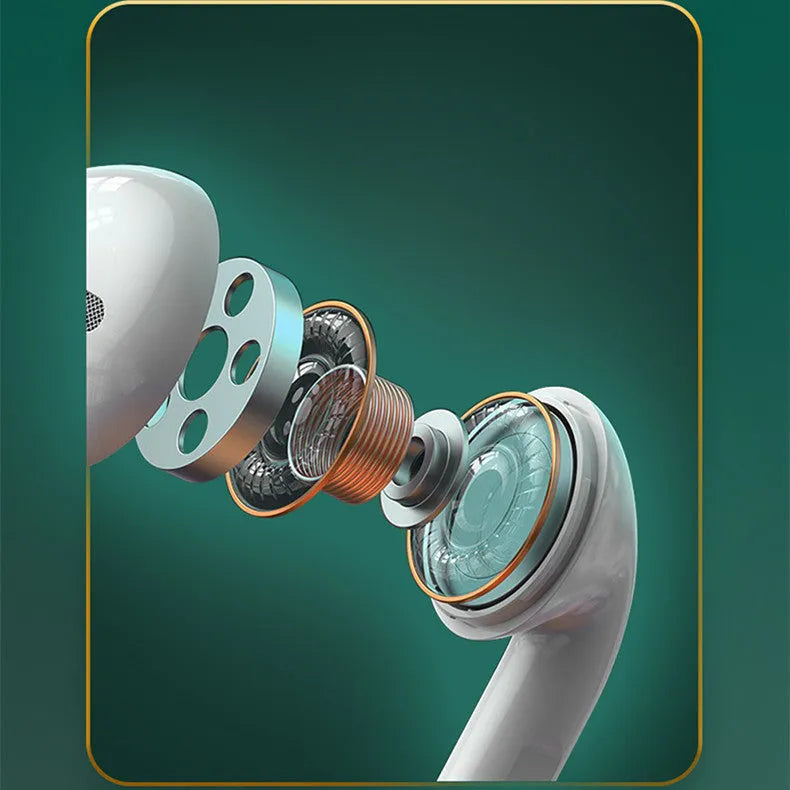 White semi-in-ear wireless Bluetooth headset with charging compartment on a plain background.