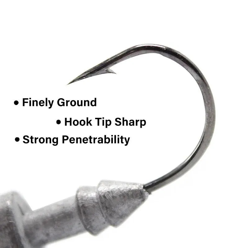 Yayu-shaped lead head fishing hooks in blue, silver, and yellow colours with weight options from 3.5g to 28g