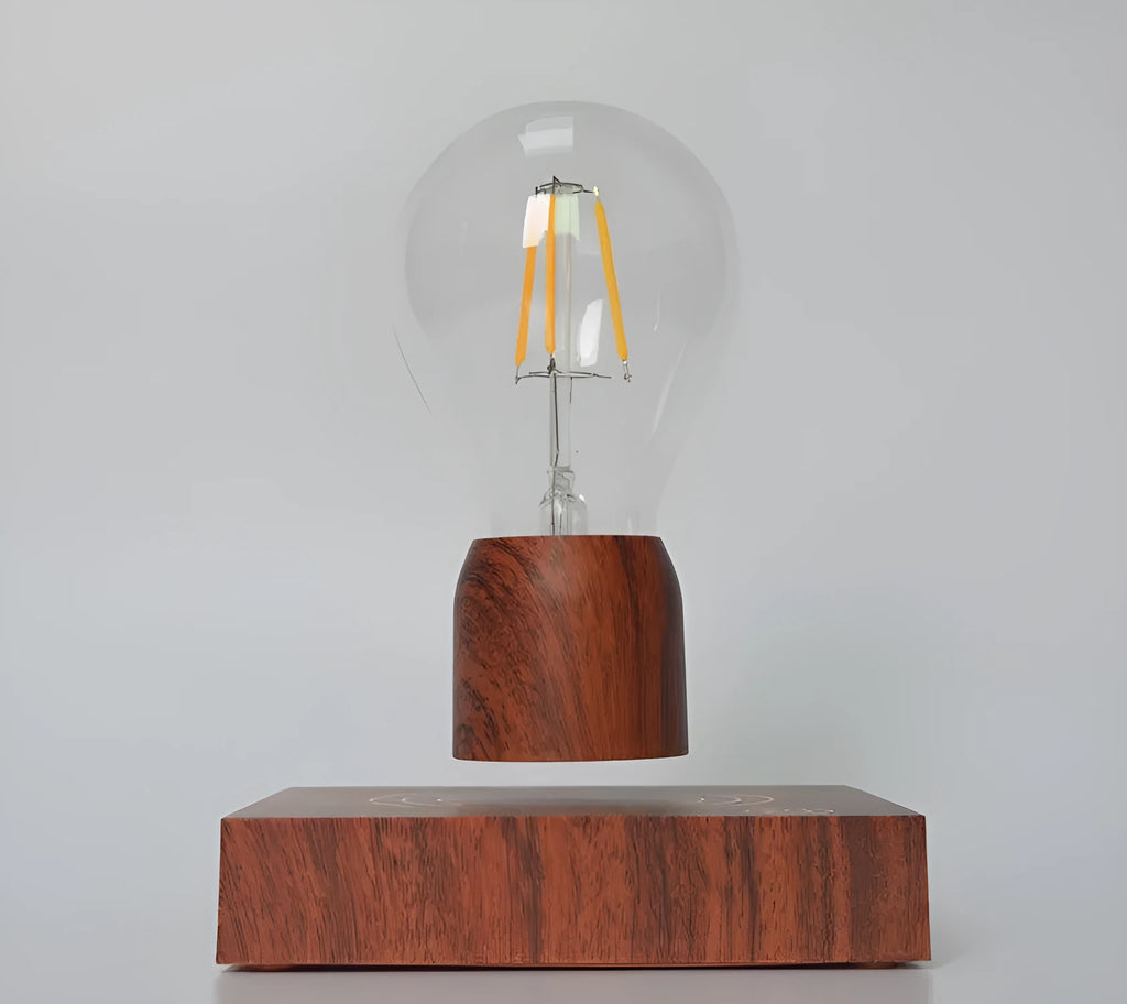 Magnetic levitation floating bulb lamp with glass bulb and imitation wood base