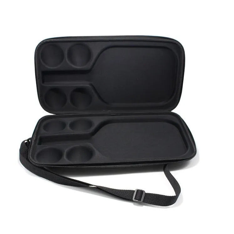 Black EVA pickleball case with dual shoulder straps, shown closed, for one paddle and four balls.