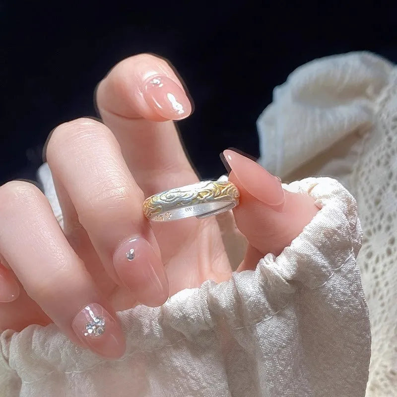 Adjustable white copper ring with Xiangyun pattern and gold electroplated finish