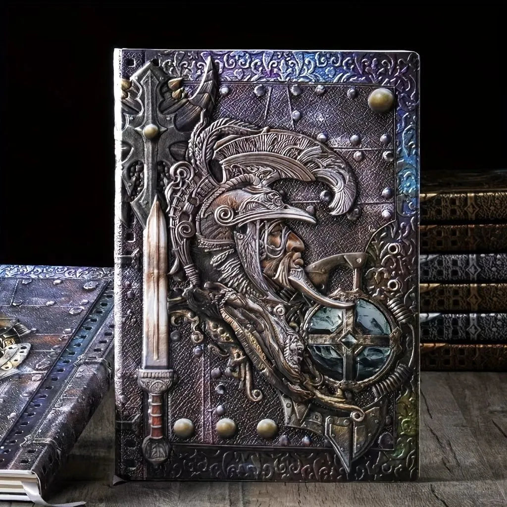 A5 leather notebook with an embossed 3D warriors design on the cover, shown in bronze colour.