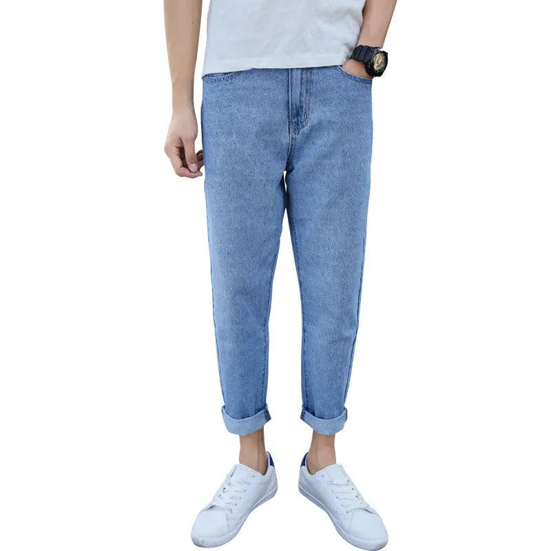Men's black loose straight leg cotton jeans showing front and back views