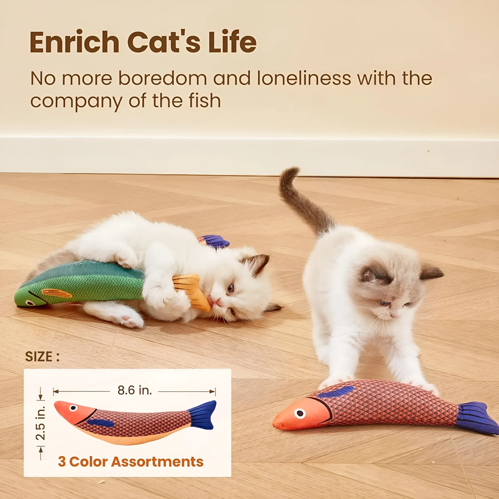 Green fish-shaped cat kicker toy with organic catnip filling and crinkle sound feature