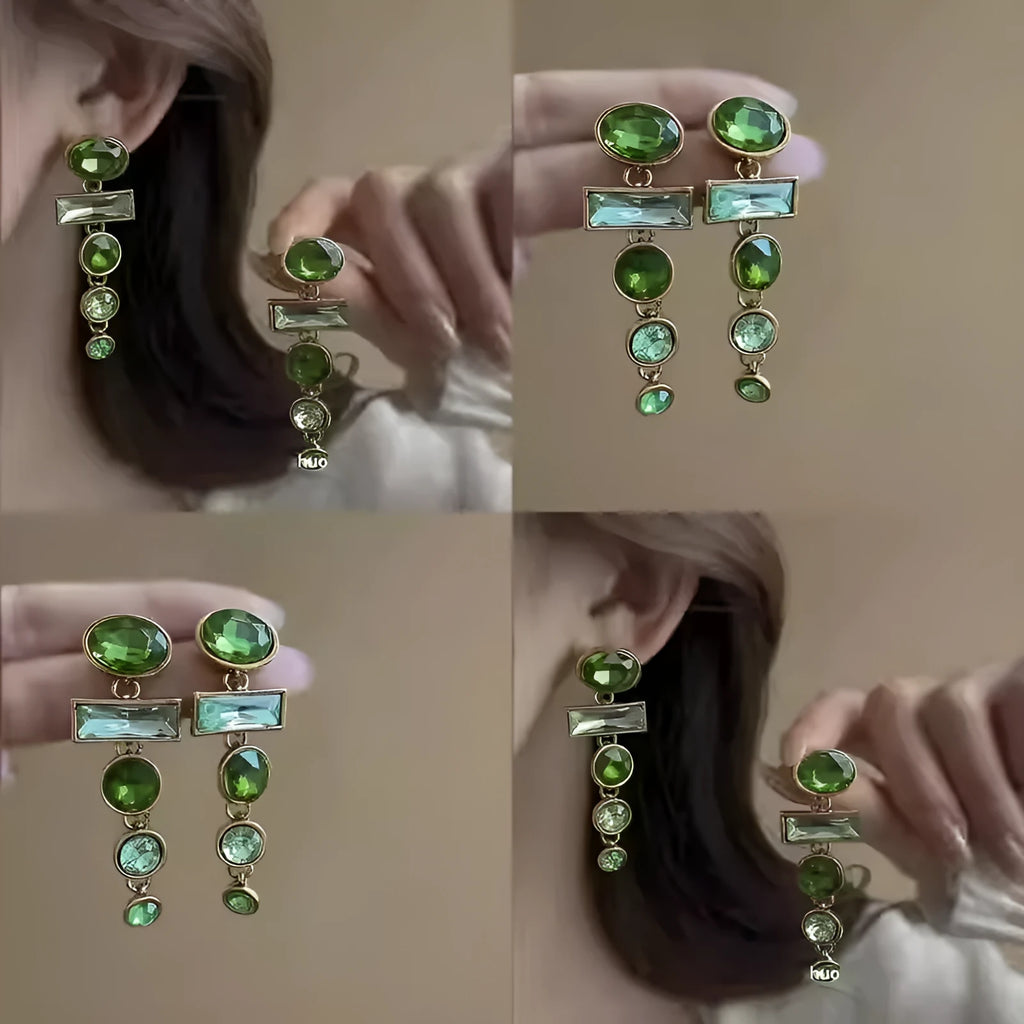 Retro green geometric earrings with dangling tassels and zircon detailing on alloy studs