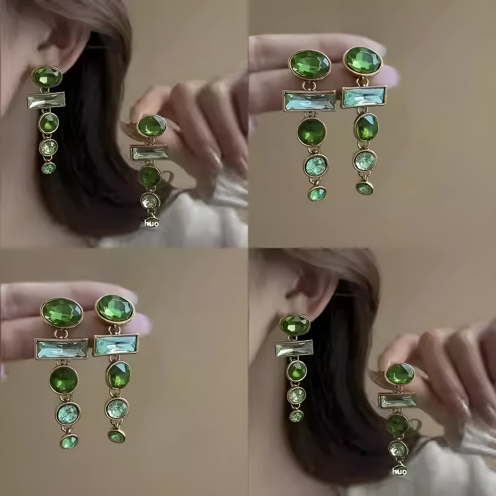 Retro green geometric earrings with dangling tassels and zircon detailing on alloy studs