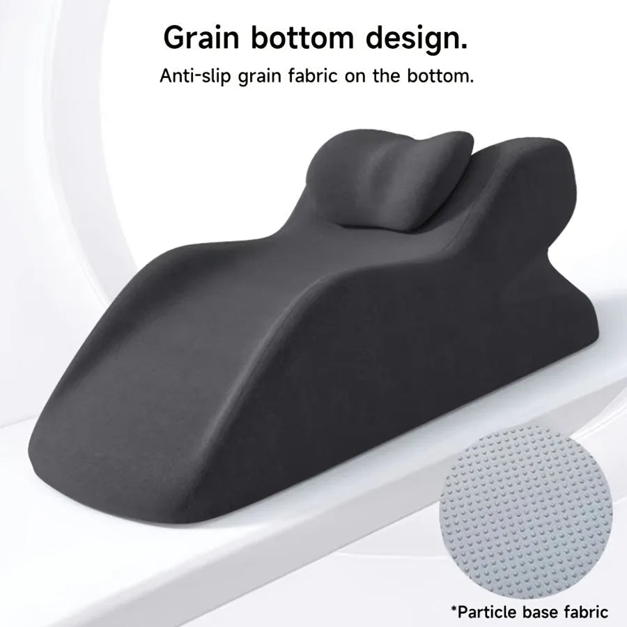 Stomach sleeper pillow with a centre hole, shown in blue, dark grey, green, and light grey colour options.