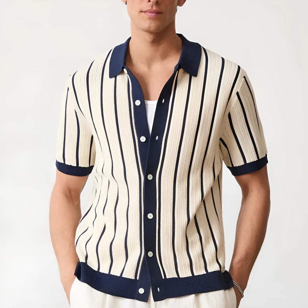 Men's white asymmetric knitted short sleeve top with lapel collar and striped pattern