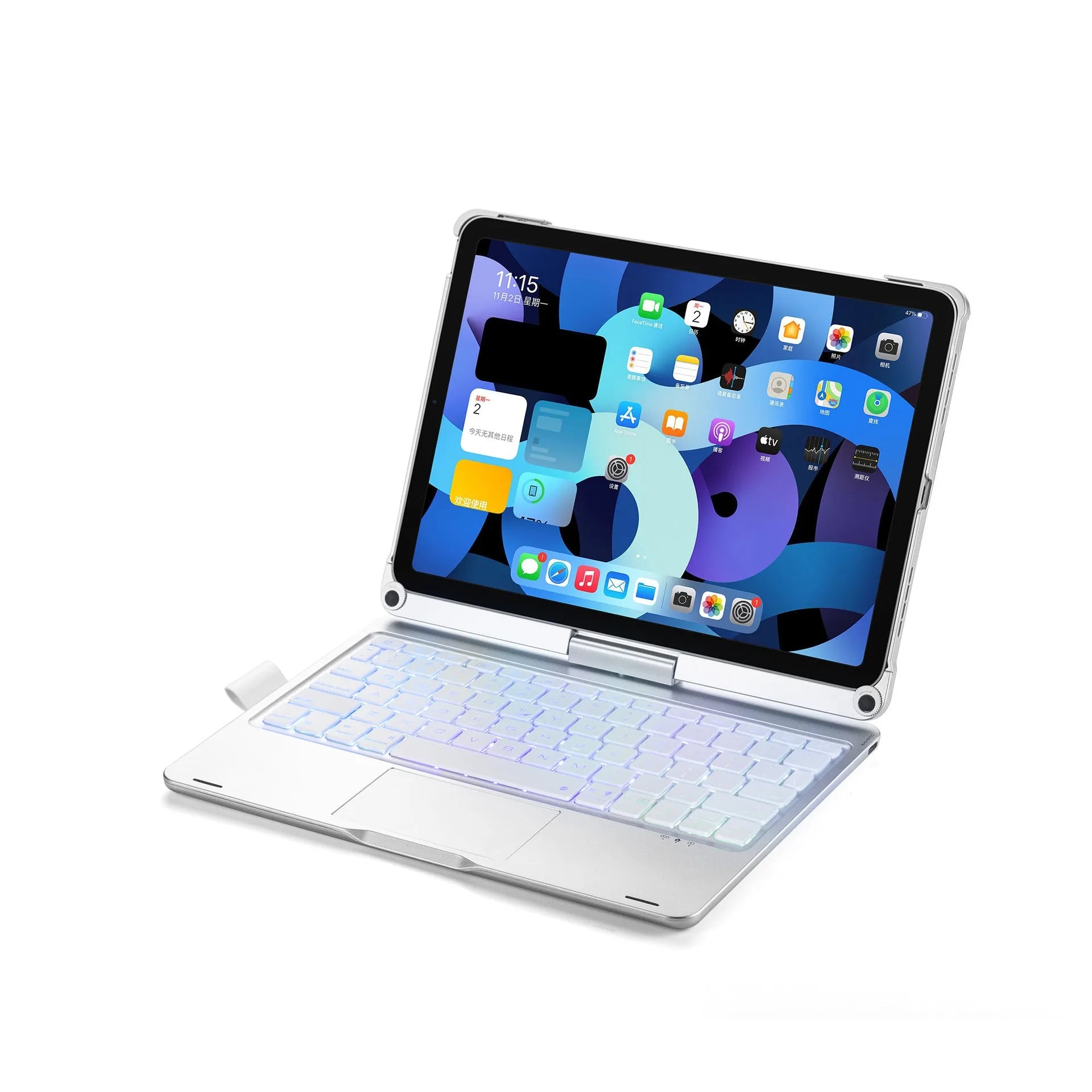 Miaocontrol rotating Bluetooth keyboard attached to iPad showing 360-degree hinge adjustment with touch keys