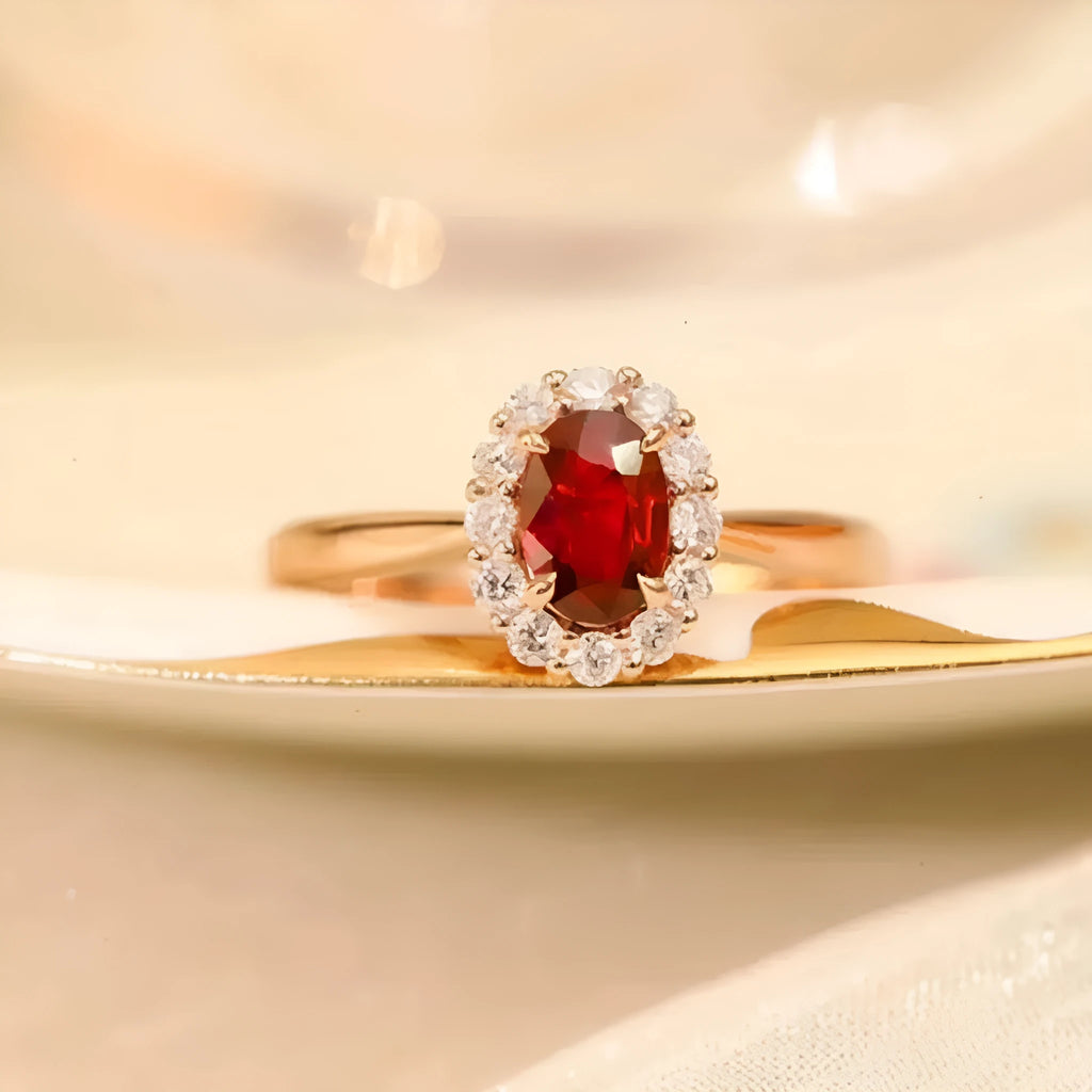 Women's silver ring with gold pigeon design and large red gemstone inlay on a floral pattern band.