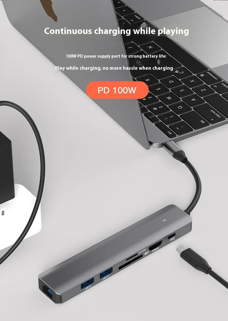 7-in-1 USB-C hub with SD card reader, MicroSD slot, HDMI port, USB 3.0 ports, and PD charging