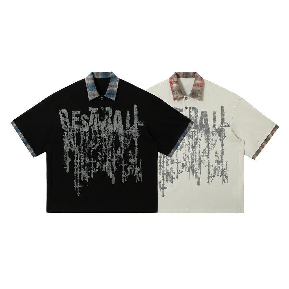 Men's loose graffiti print cotton top with asymmetric lapel in blue and red colours