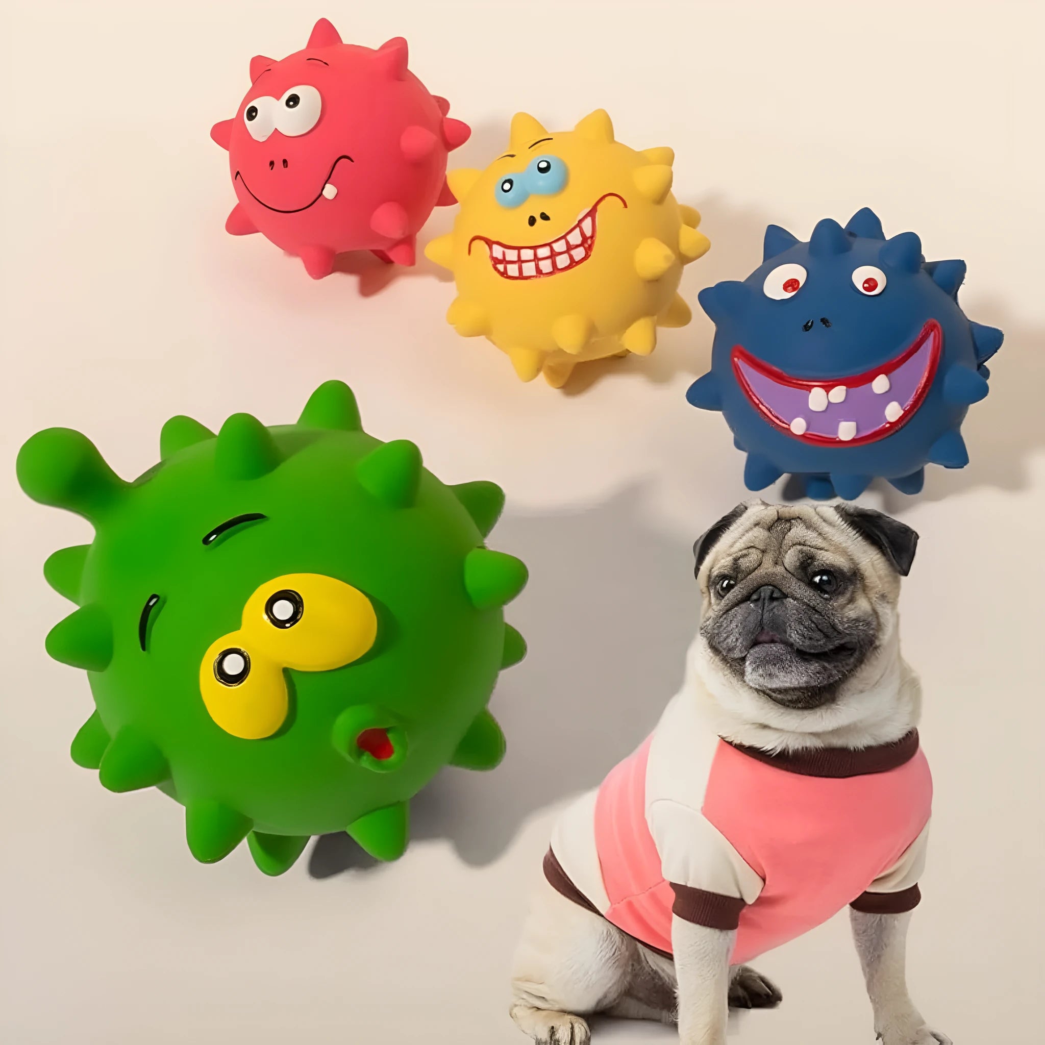 Four colourful latex squeaky dog toy balls with cute animal faces and textured surfaces