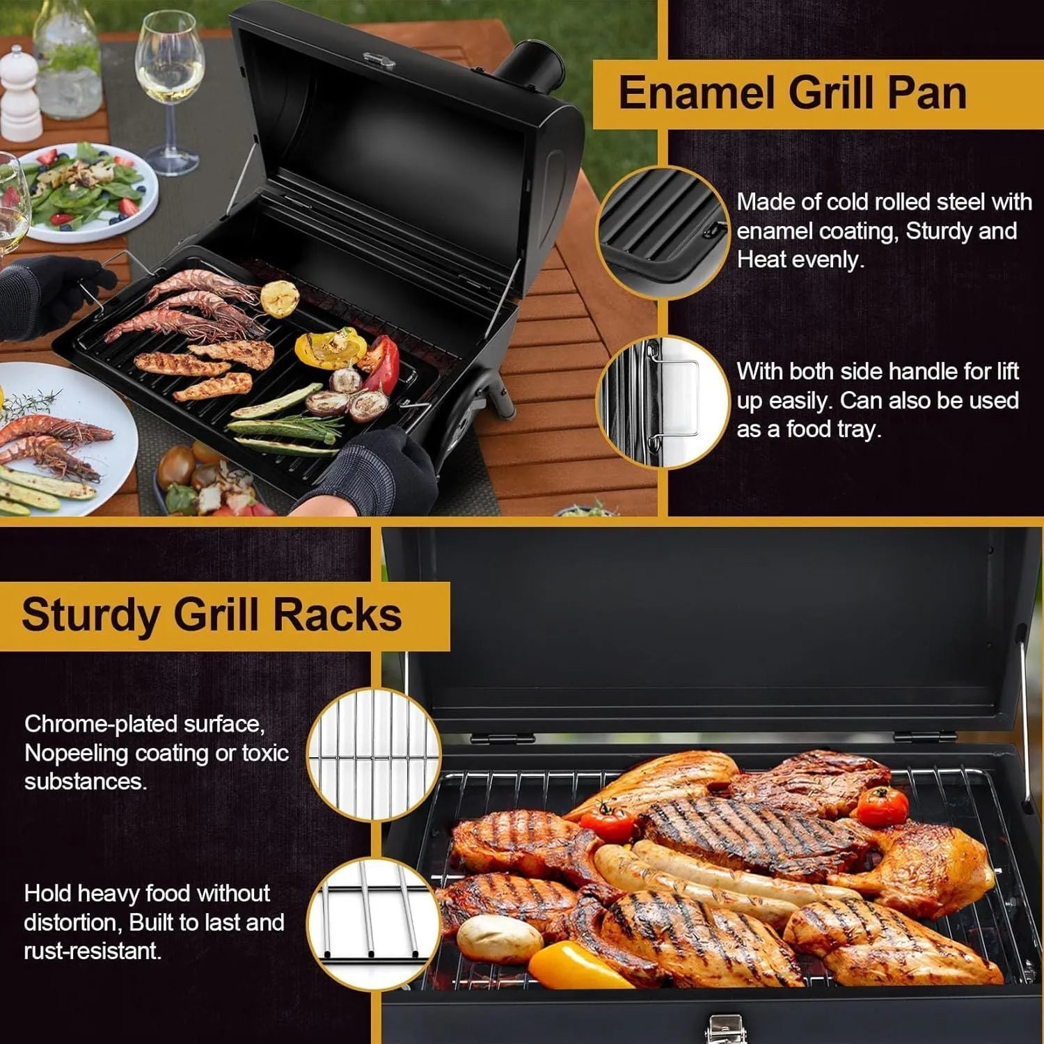 Small portable folding desktop charcoal barbecue grill with a metal cooking surface.