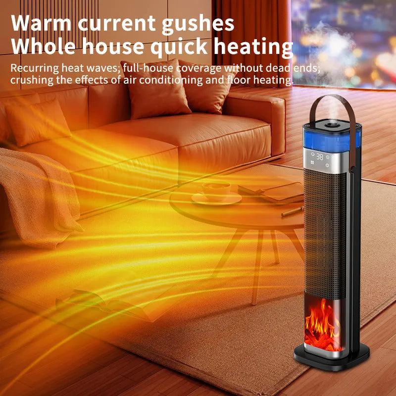 Tall vertical intelligent heater with humidification and voice control remote.