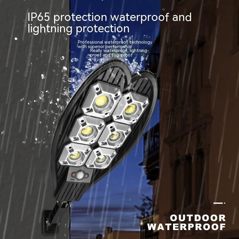 White 6-eye sword design solar-powered outdoor garden lamp with remote control.