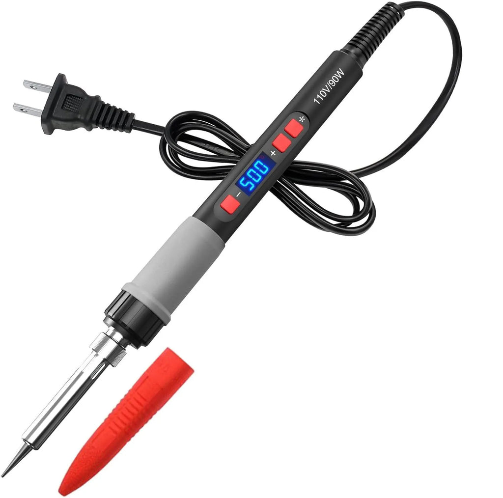 Grey 90W electric soldering iron with ceramic heating core, UK/US plug, sponge, holder, and five tips.