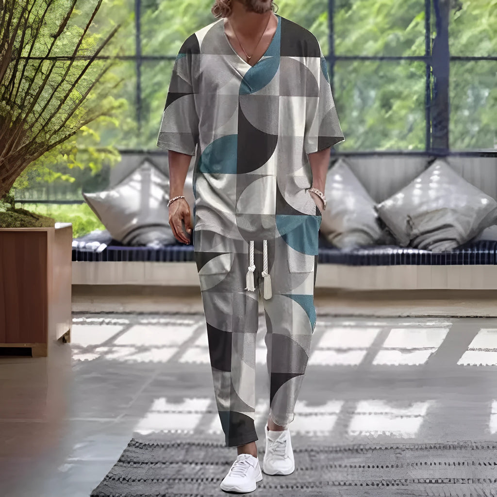 Man wearing a thin polyester V-neck trousers suit with cropped sleeves, available in multiple colours and sizes up to 6XL.
