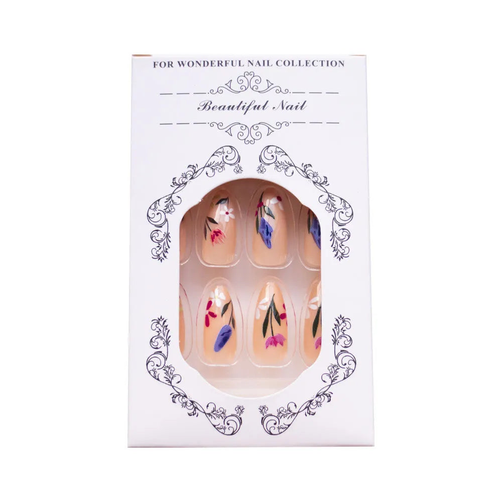 Almond-shaped false nails with rose and tulip floral designs in European and American styles
