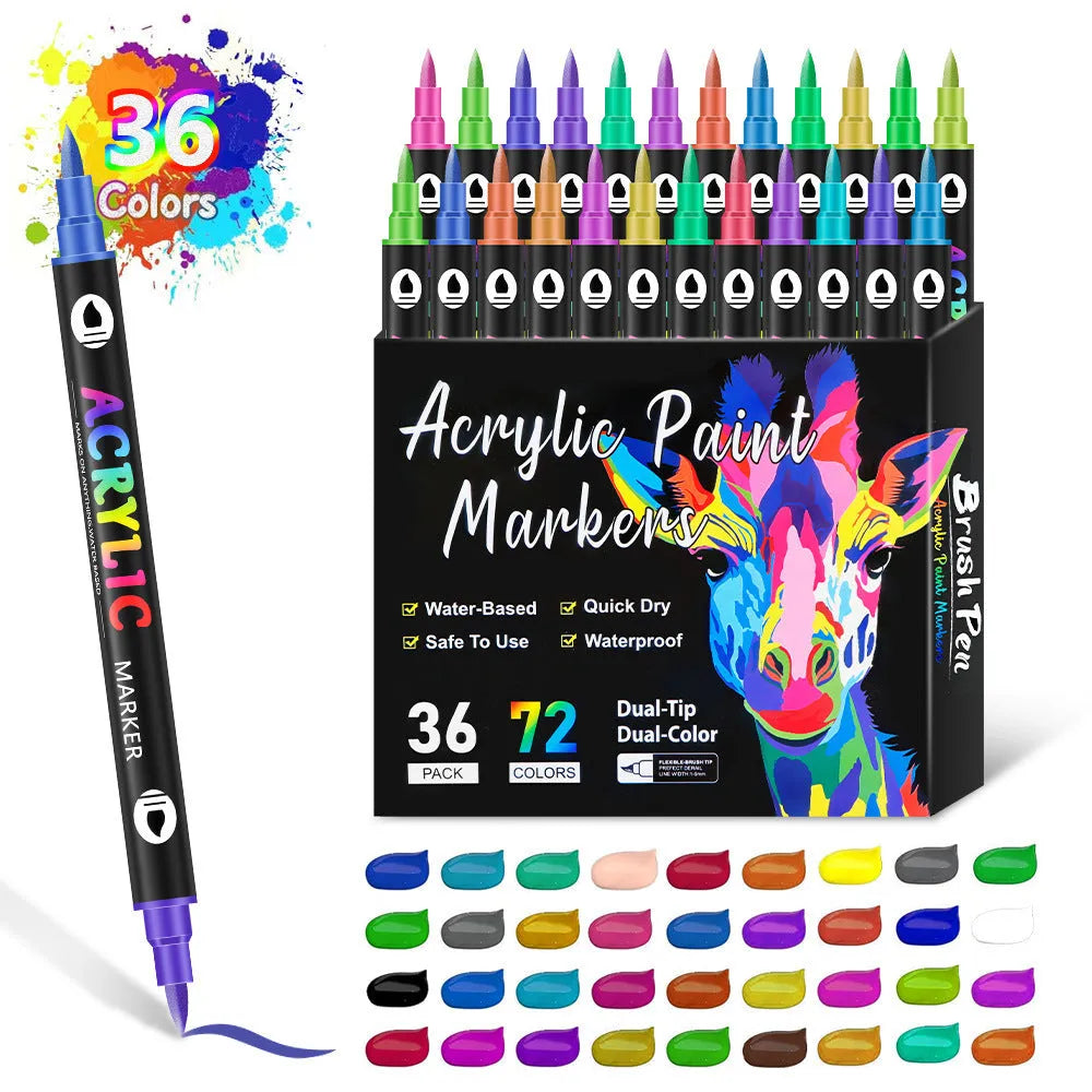 Set of double-ended acrylic marker pens with washable opaque ink in various colours.