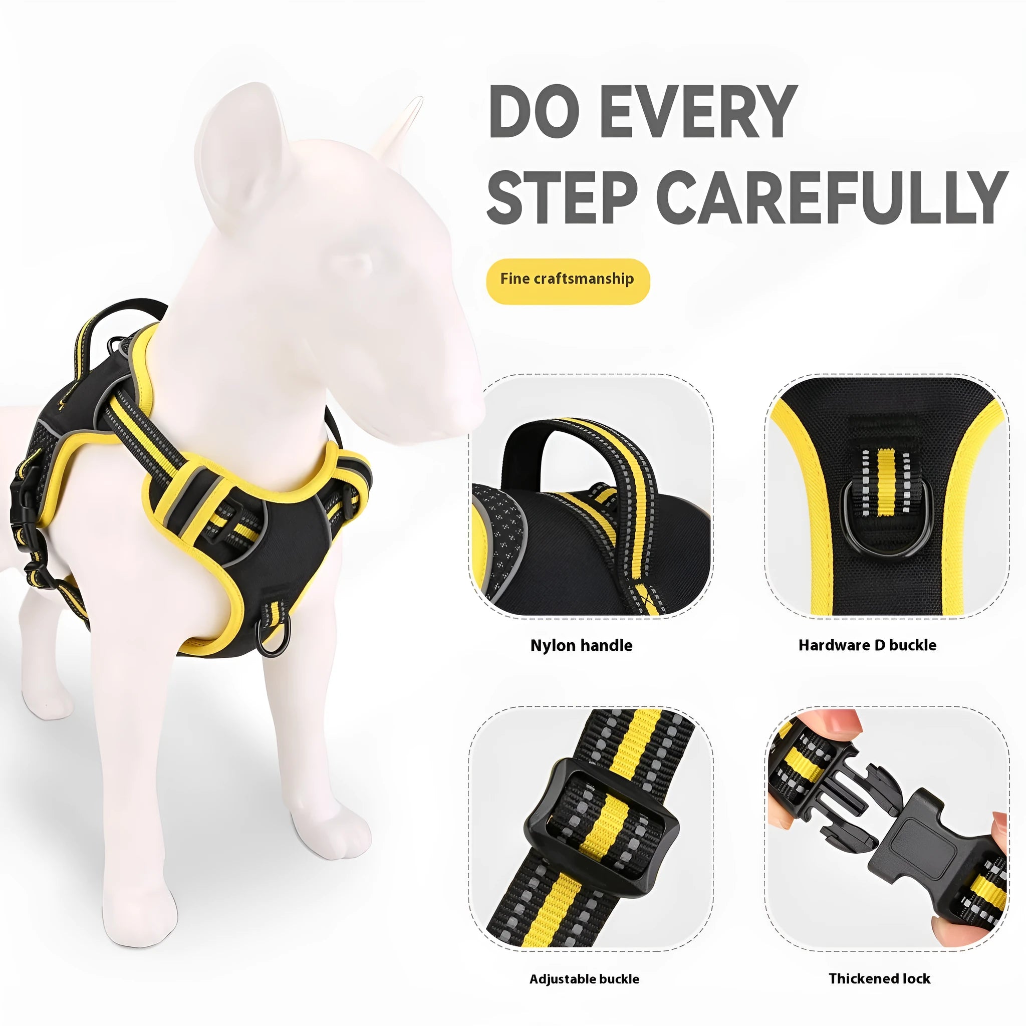 Yellow polyester dog harness and lead set shown on model dog for size reference.