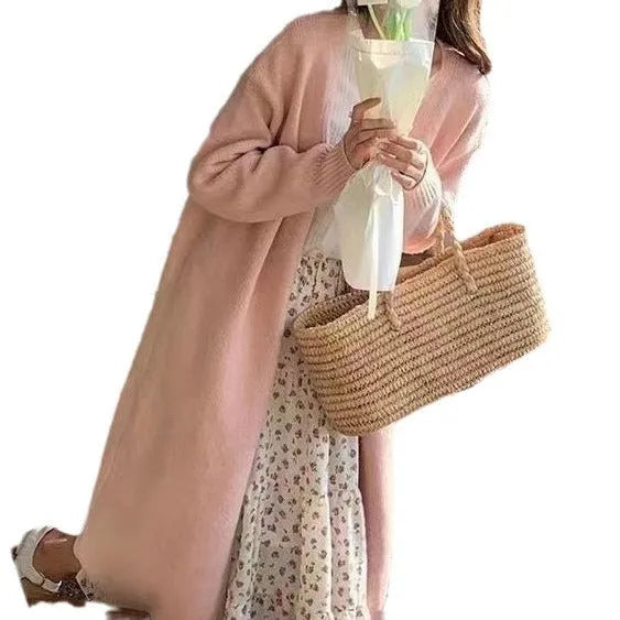 Women's mid-length knitted cardigan in loose fit with V-neck design available in five colours