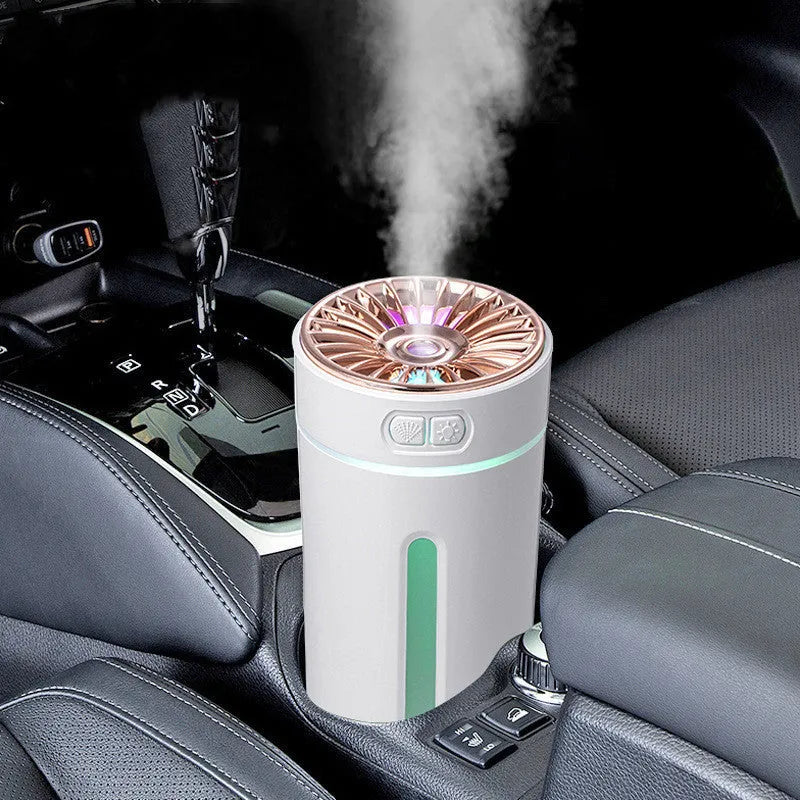 Black portable humidifier with LED lights showing dimensions and USB charging port