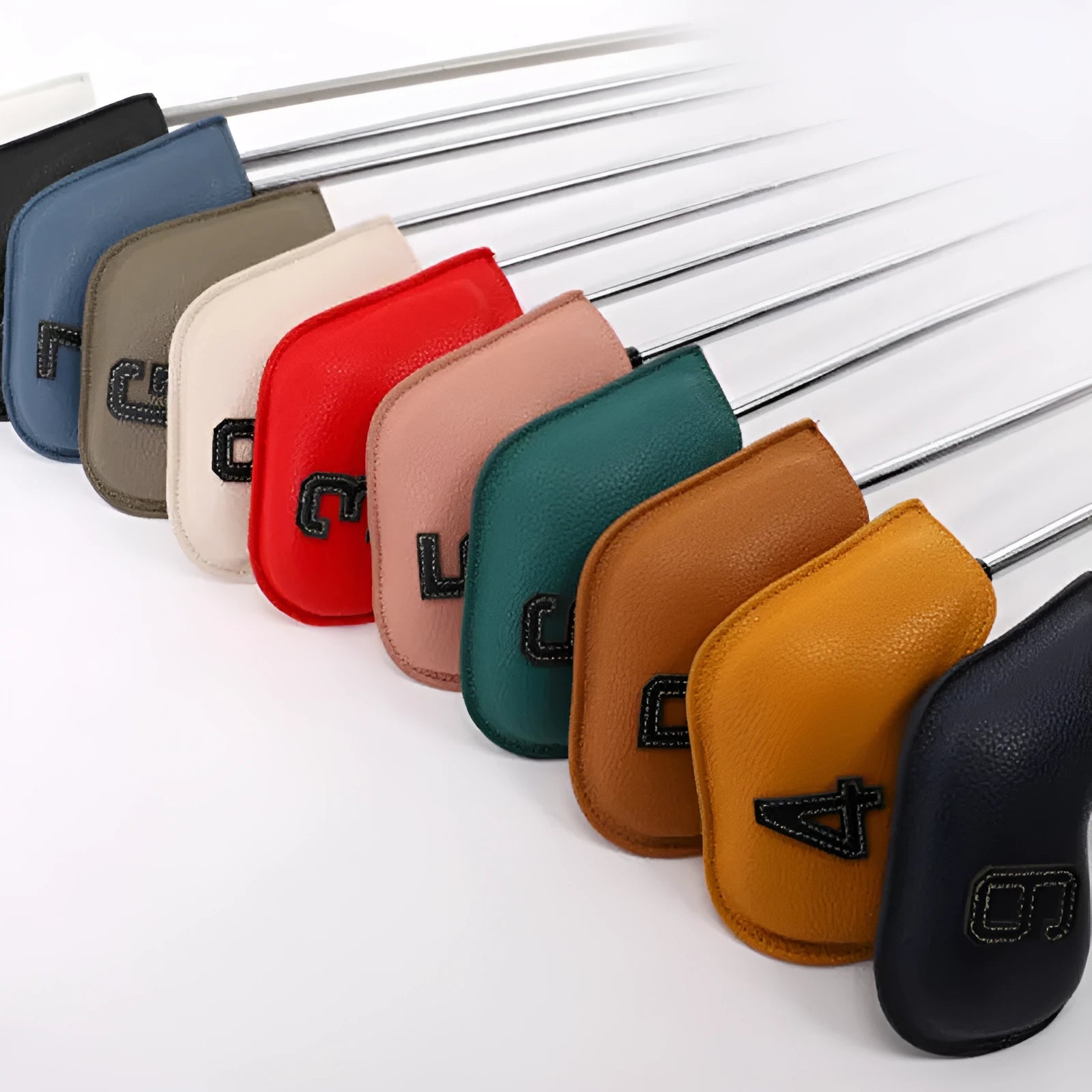 Set of 10 digital printed golf club head covers in assorted colours for bag protection