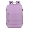 Large purple travel backpack for women showing multiple compartments and an air pillow belt system.